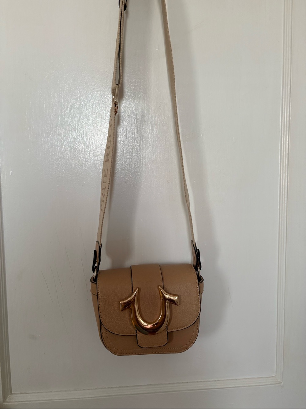 True Religion Taupe Crossbody Bag with Gold Hardware